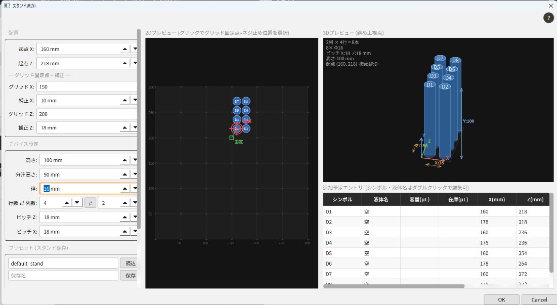 制御ソフトウェア Labonix Pilot スタンド設定画面